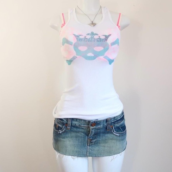 Tops - y2k skull crown graphic tank top ribbed fitted cami mcbling